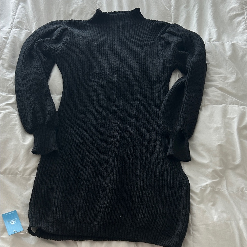 New Black Ribbed Mock Neck Sweater Dress